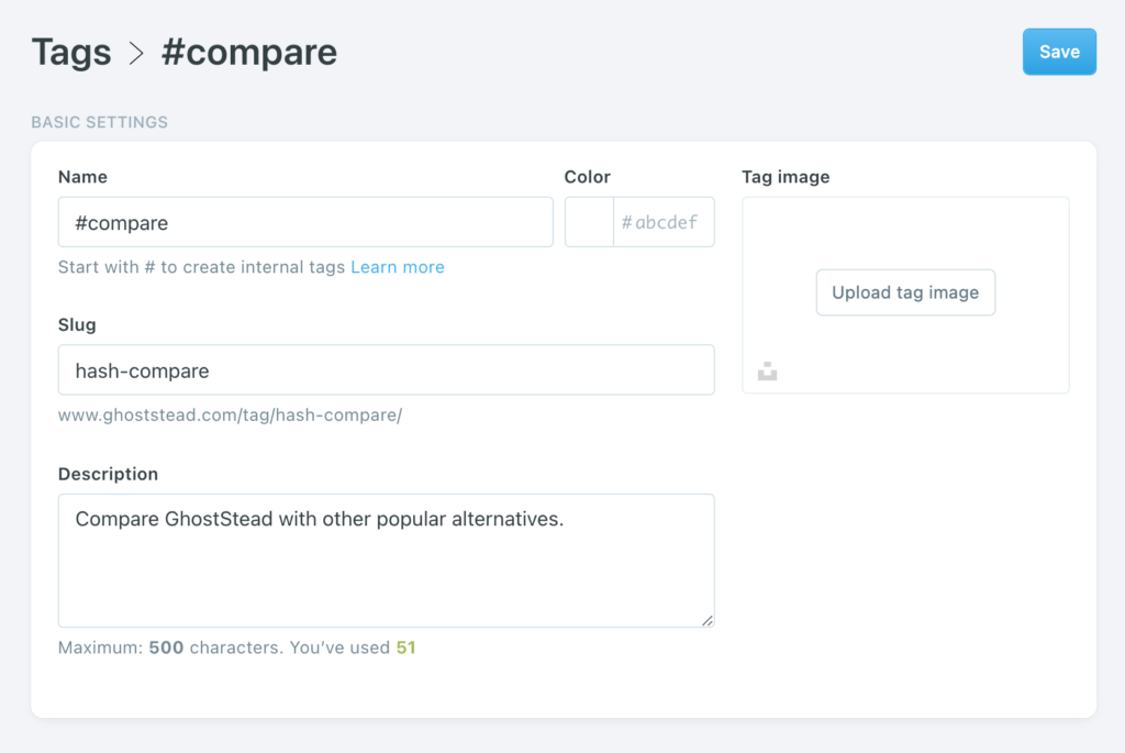 Ghost Admin panel - Internal Tag